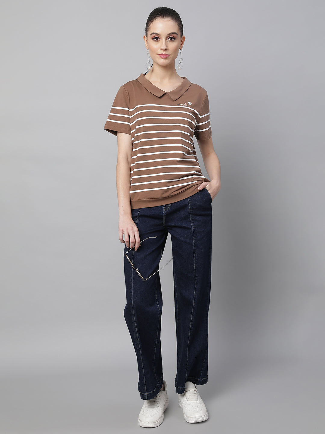 women brown hosiery striped top