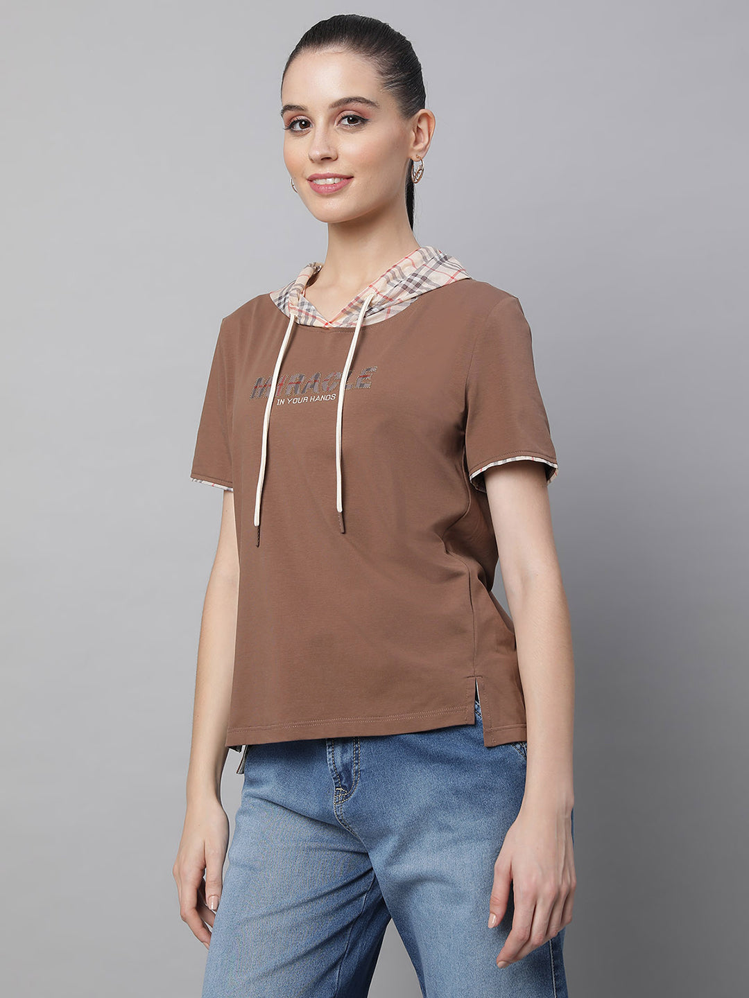 women brown hosiery embellished top