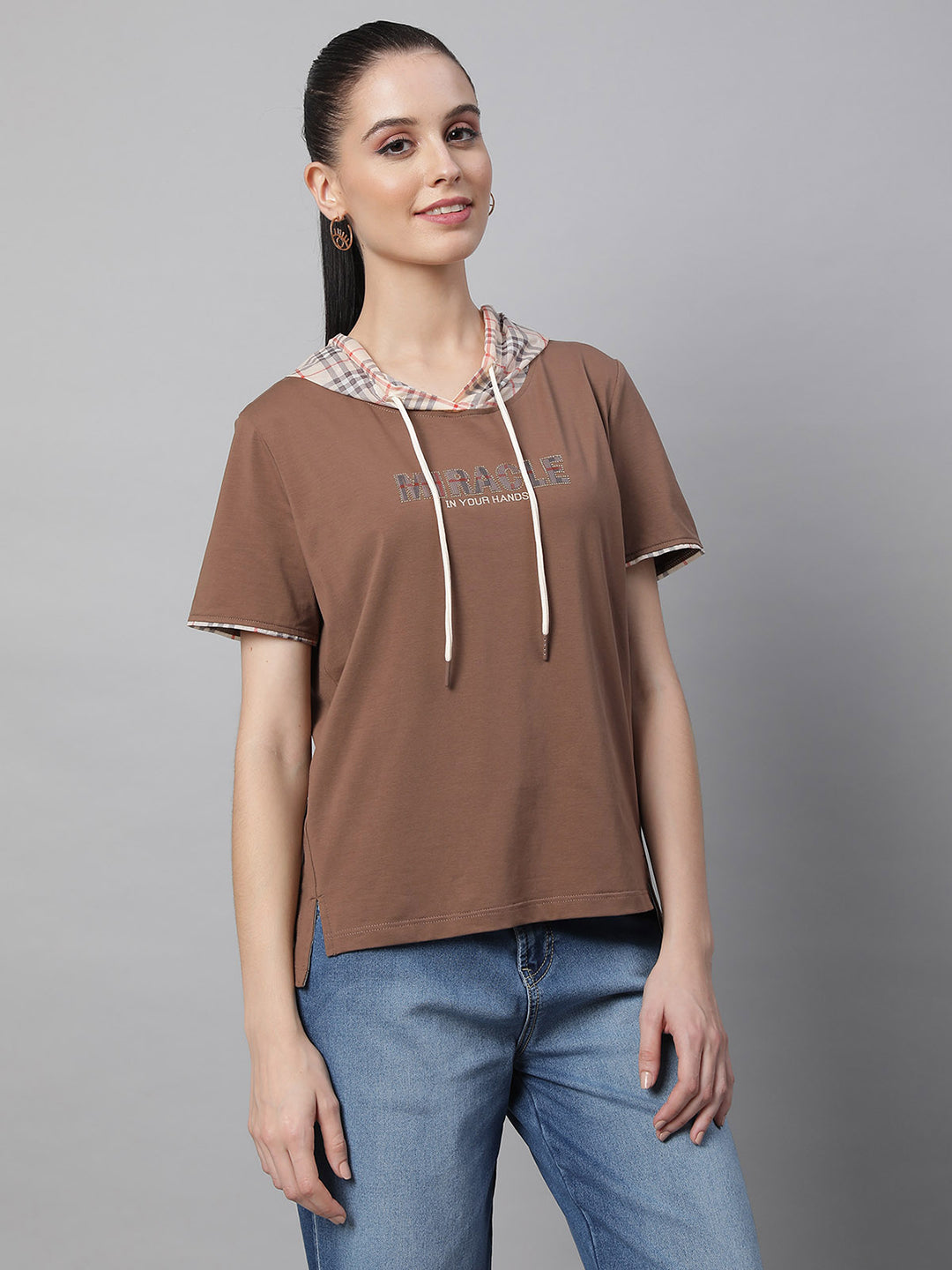 women brown hosiery embellished top