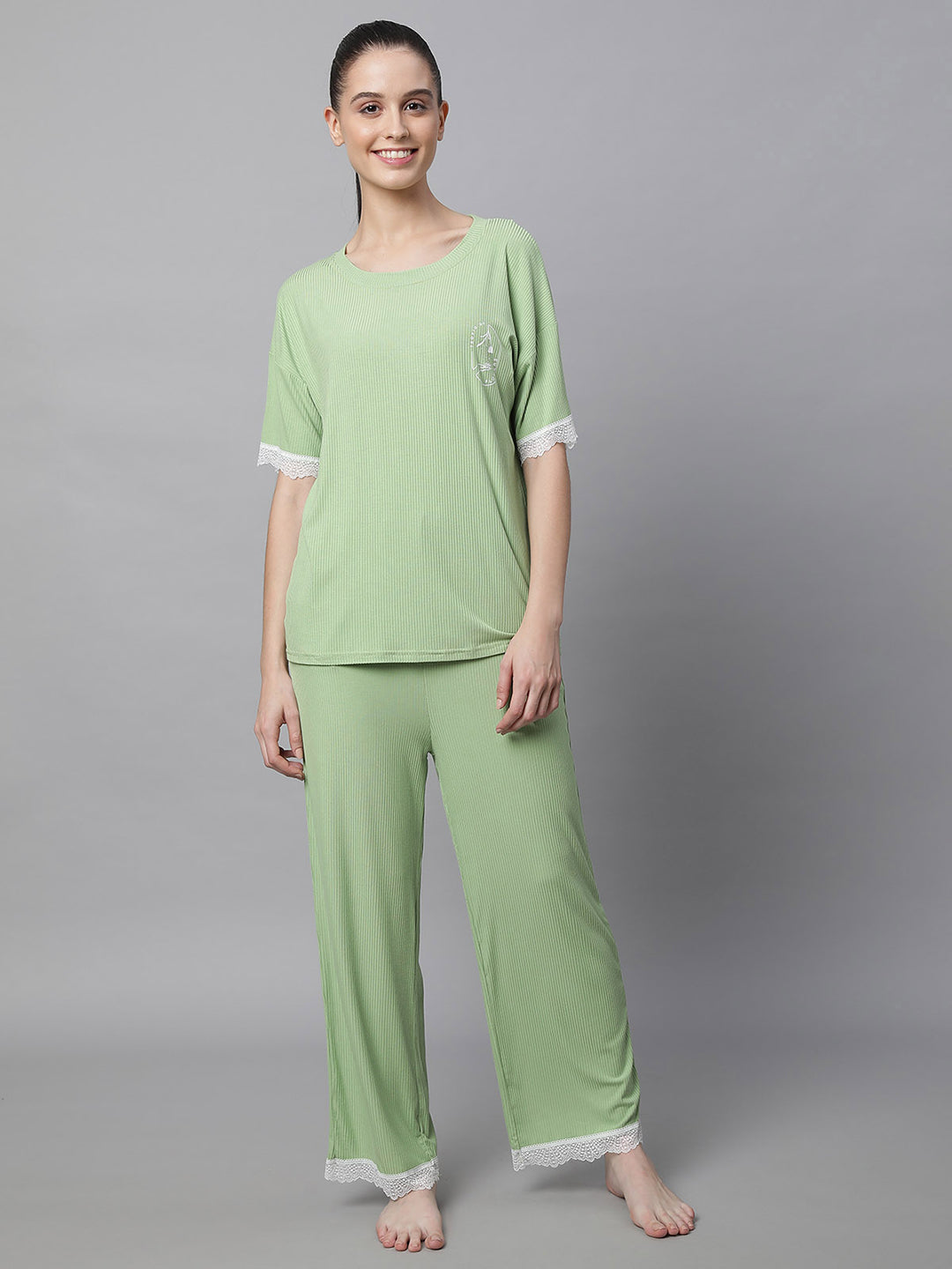 Women Green Loose Fit Night Suit Set - Global Republic