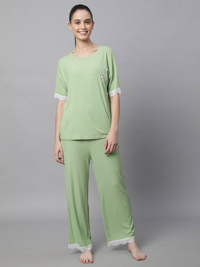Women Green Loose Fit Night Suit Set