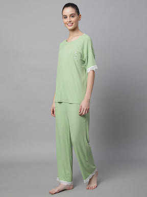 Women Green Loose Fit Night Suit Set