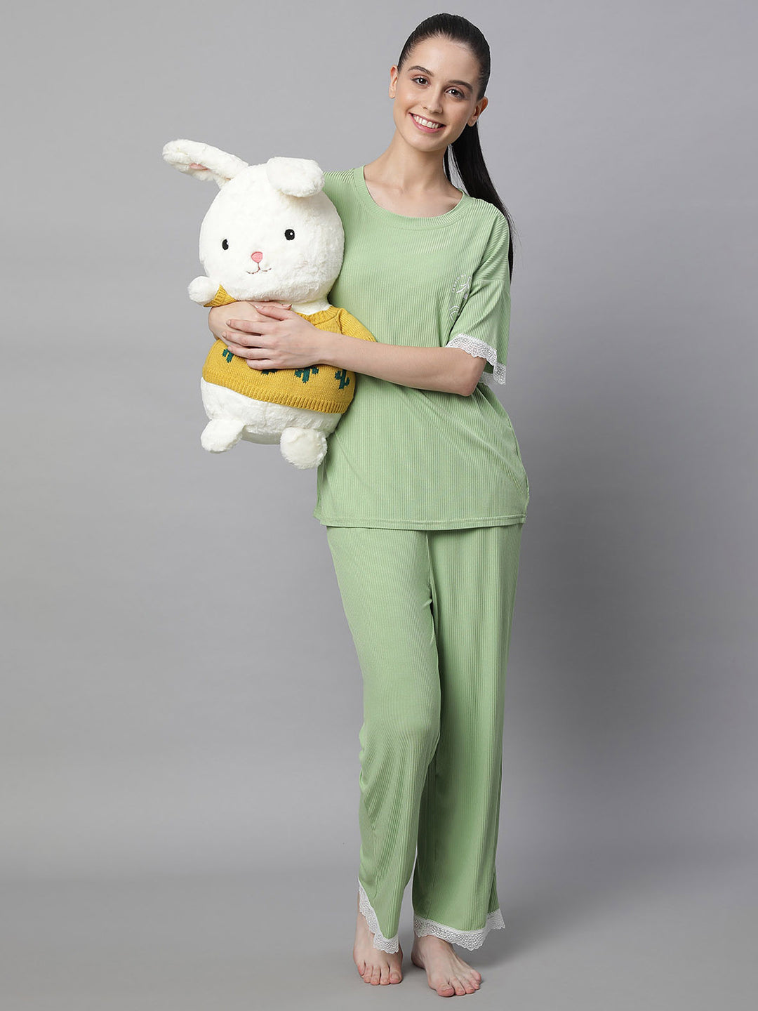 Women Green Loose Fit Night Suit Set - Global Republic