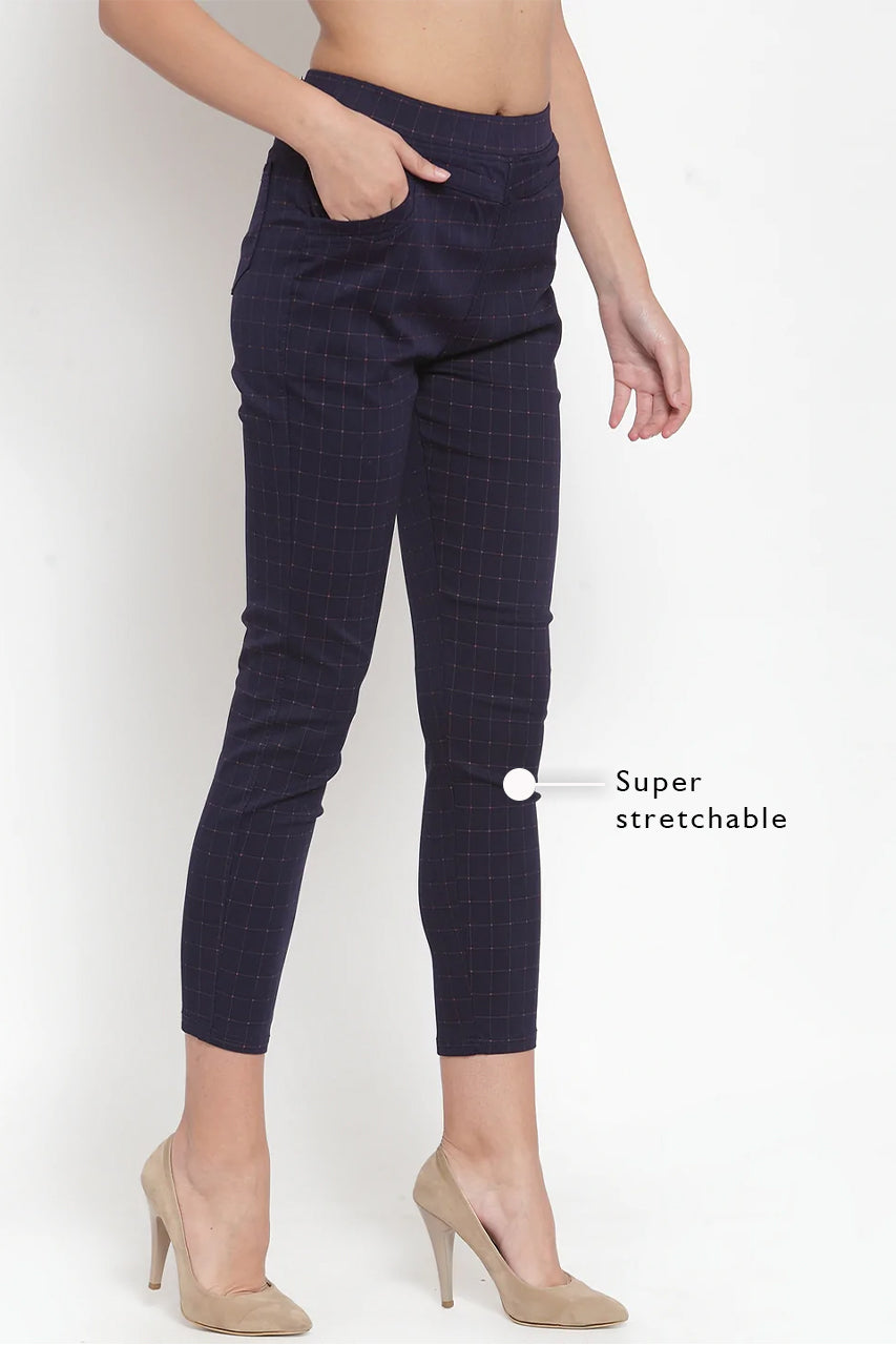 navy blue checked stretchable jeggings