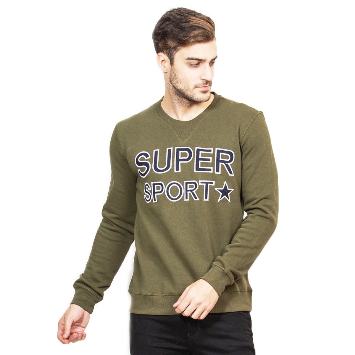 Mens Printed Olive Round Neck Sweat Shirt