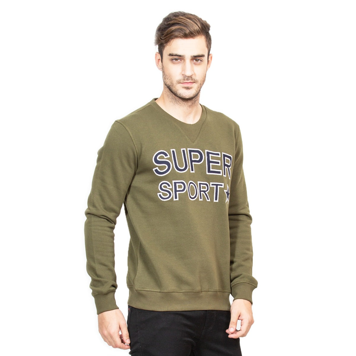 Mens Printed Olive Round Neck Sweat Shirt